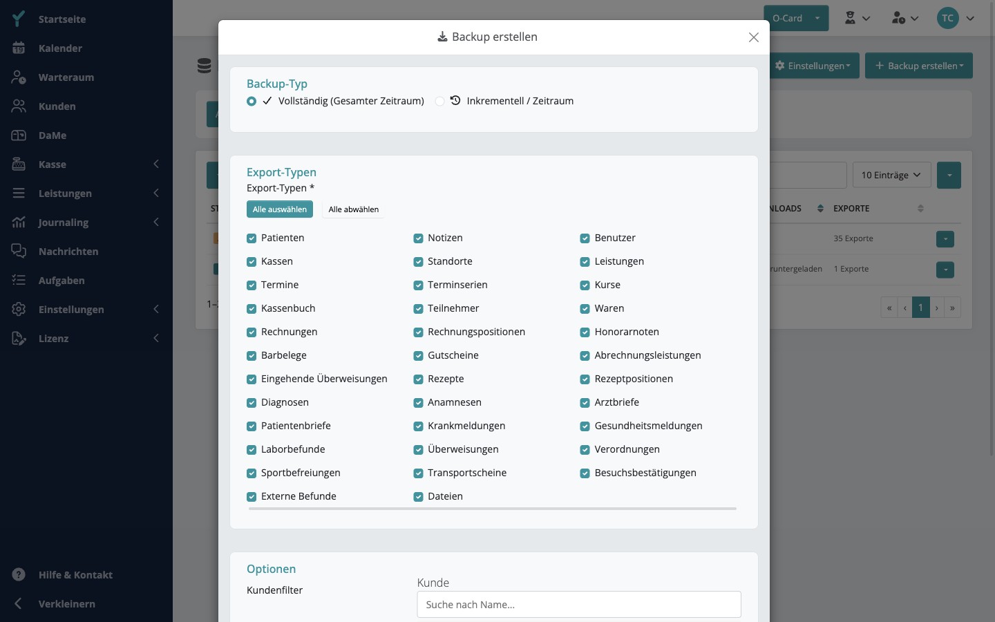 Backup erstellen Modal