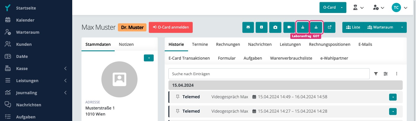 Aktionsleiste in der Patientenakte mit Laboranfrage- und GDT-Button