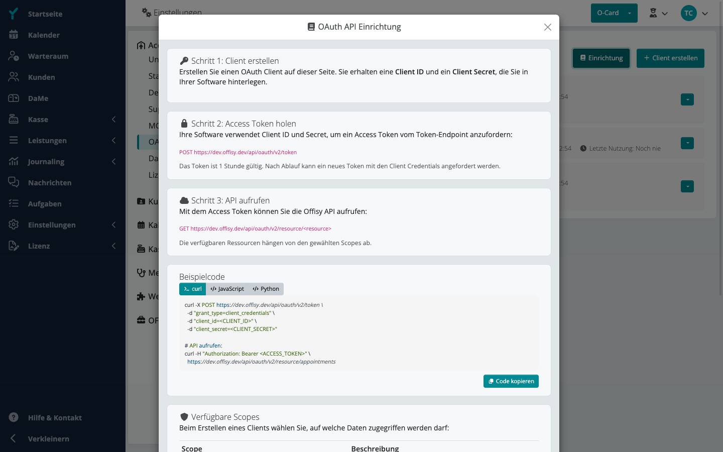 OAuth API Einrichtung