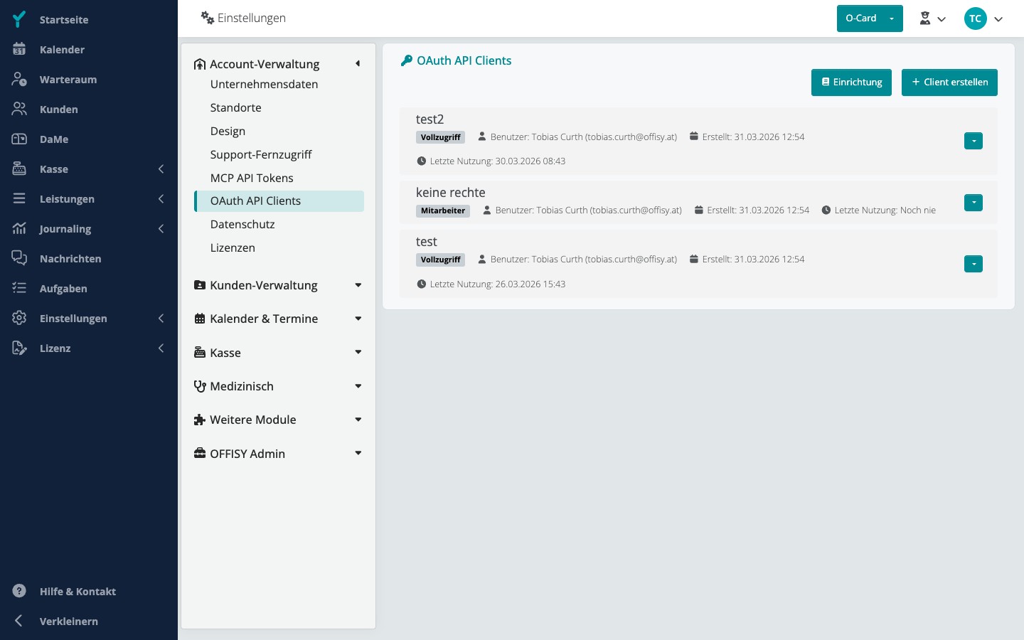 OAuth API Clients Einstellungsseite